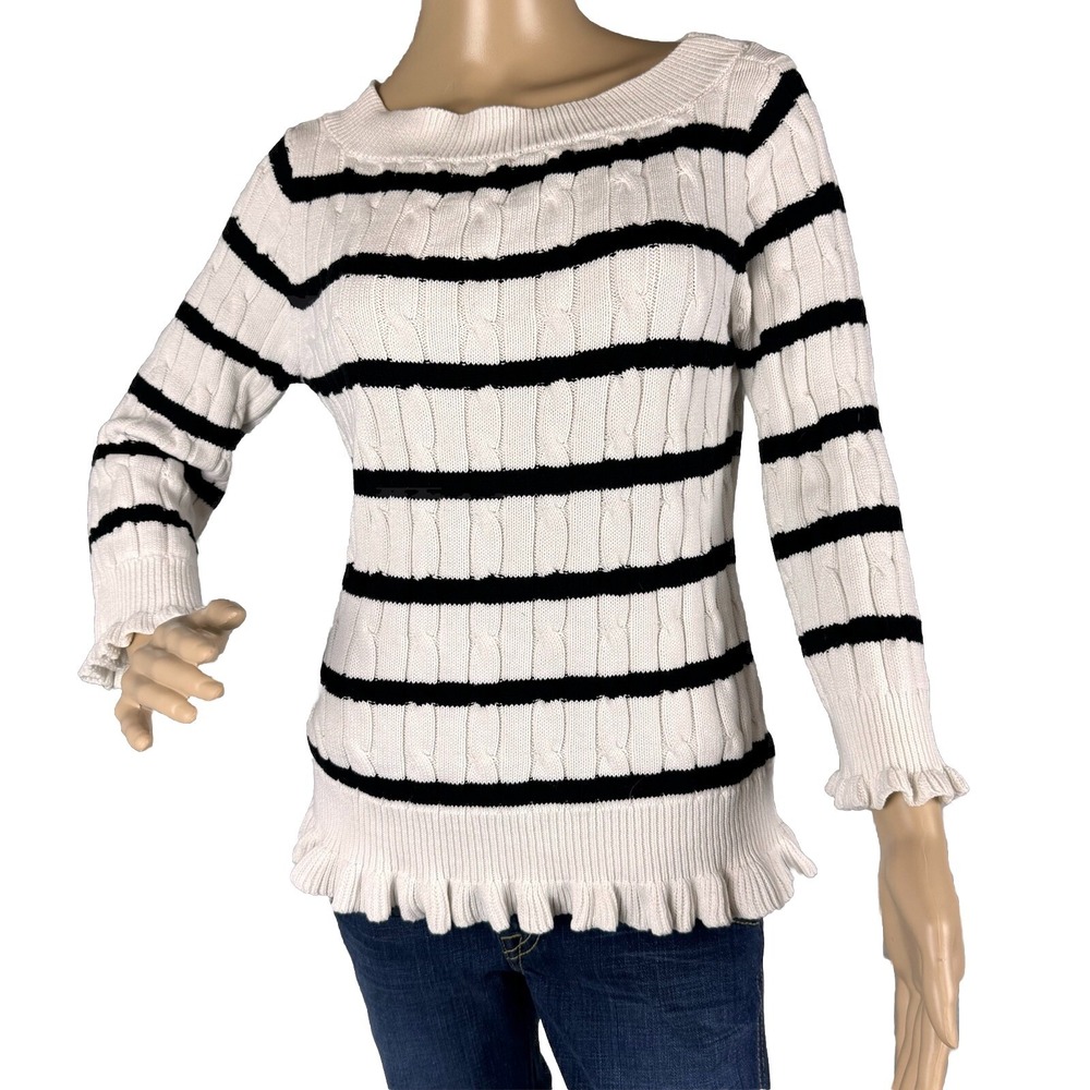 American Living  White With Black Stripes Sweater Women's Size‎ Medium Ruffles